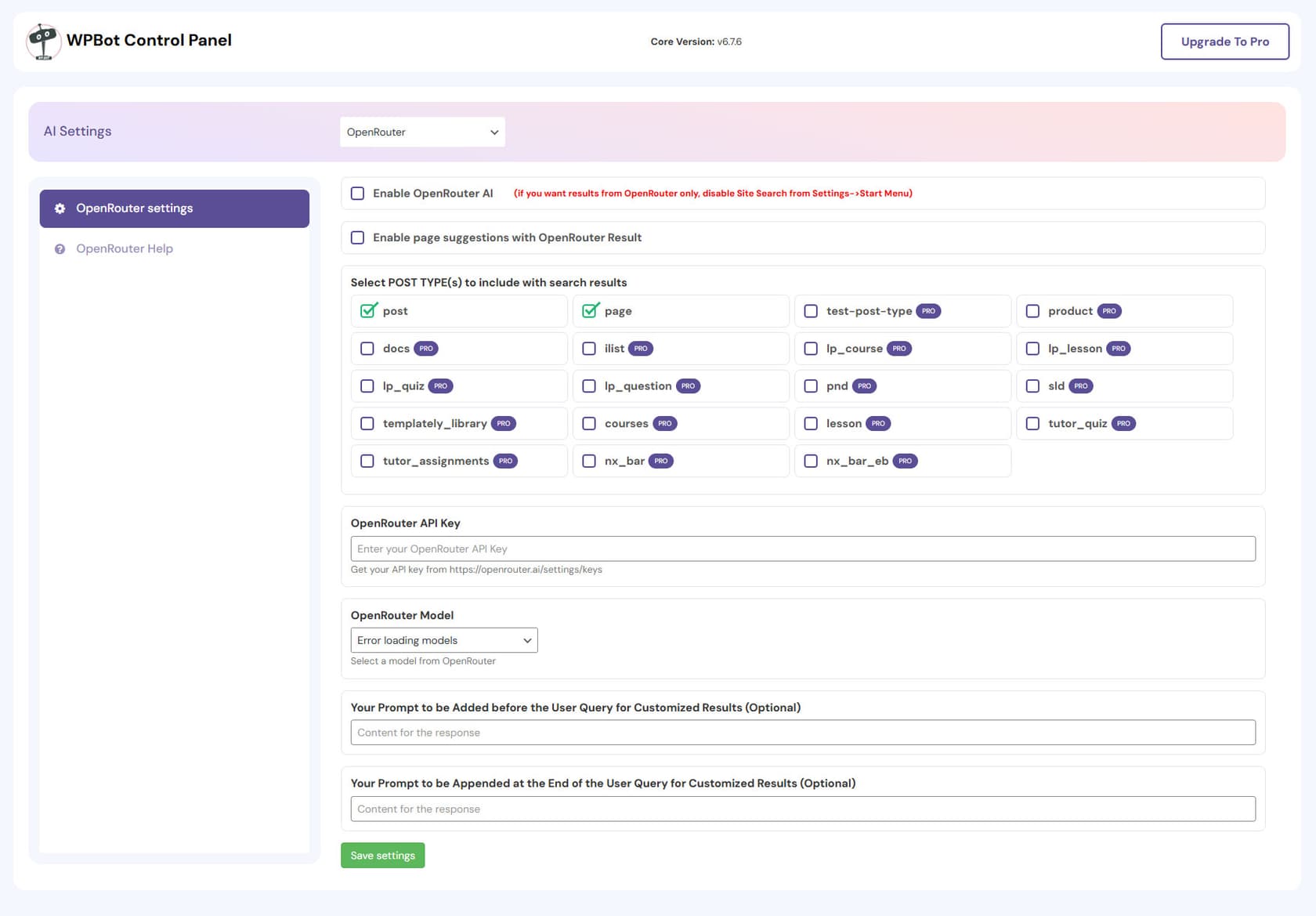 WPBot-Control-Panel, Bildschirm AI Settings mit ausgewähltem OpenRouter, Kontrollkästchen für Enable OpenRouter AI und Seitenvorschläge, ein Raster einzubeziehender Beitragstypen, bei dem nur Beitrag und Seite kostenlos sind und der Rest mit PRO markiert ist, ein Feld für den OpenRouter-API-Schlüssel, eine Modellauswahl und optionale Prompts vor und nach der Nutzeranfrage, entnommen von WordPress.org