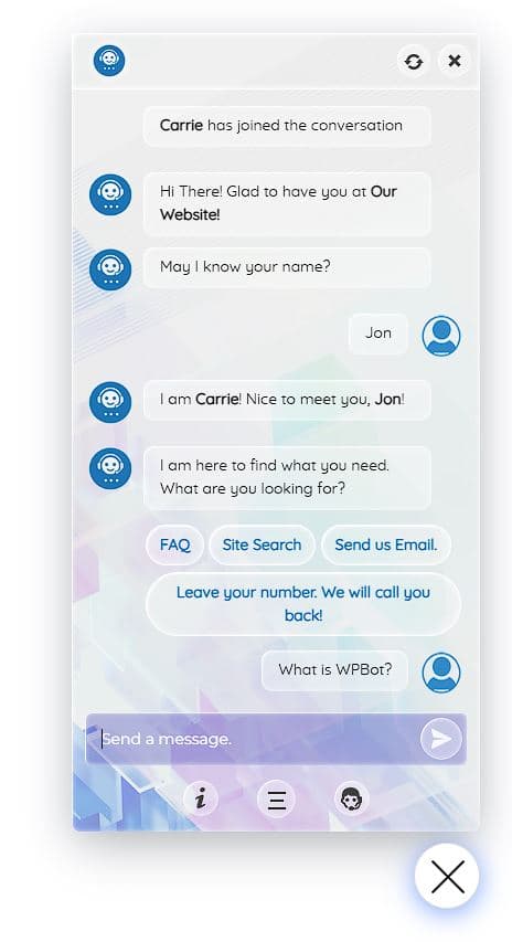 WPBot-Chatfenster, in dem der Bot Carrie einen Besucher begrüßt, nach dem Namen fragt und die Buttons FAQ, Site Search, Send us Email und Leave your number anbietet, bevor der Besucher What is WPBot? fragt, entnommen von WordPress.org