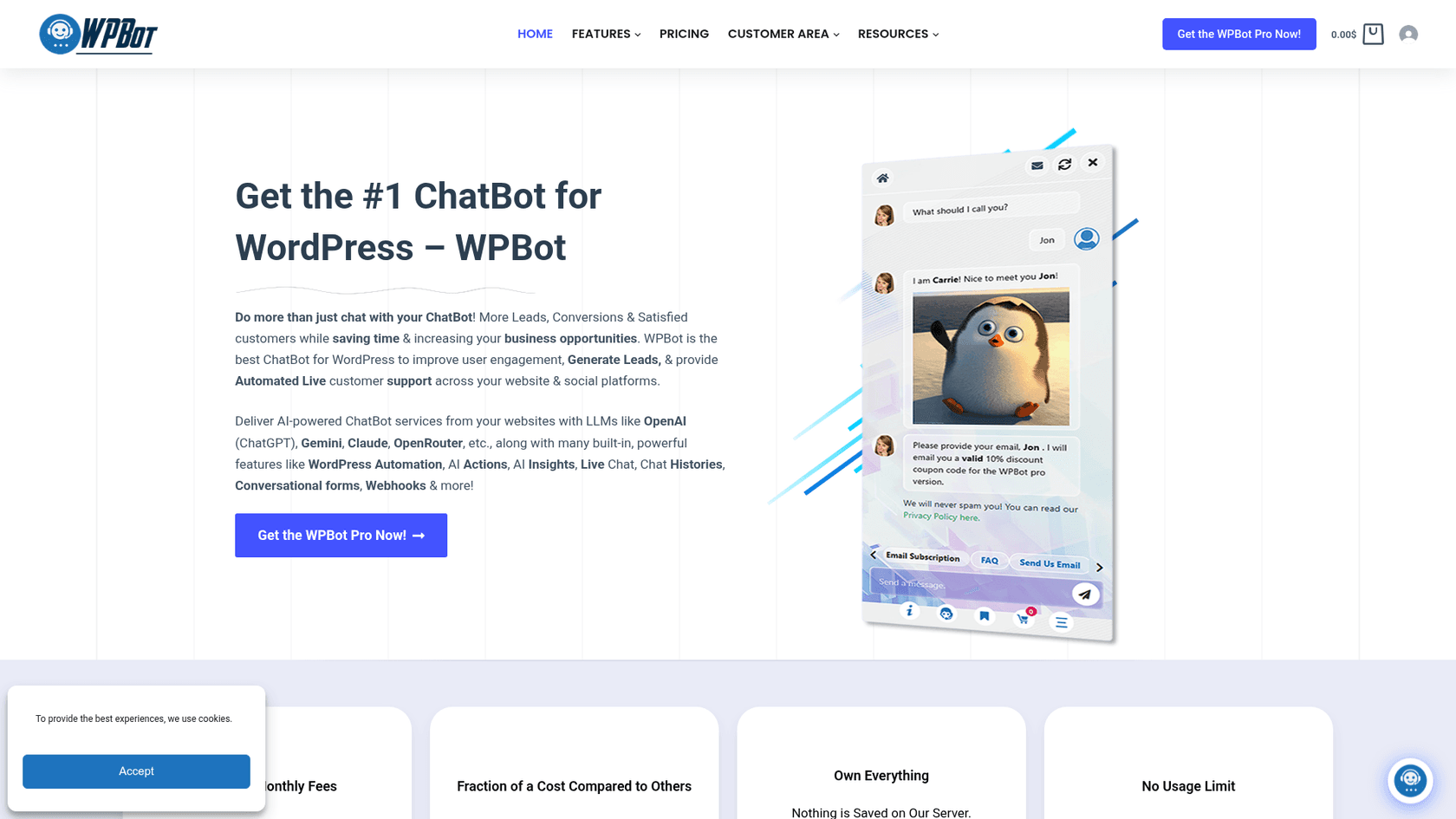 WPBot-Startseite mit der Schlagzeile Get the #1 ChatBot for WordPress, einem Button Get the WPBot Pro Now und einem Chatfenster-Mockup, in dem der Bot nach dem Namen des Besuchers fragt und einen Rabattcoupon anbietet, entnommen von WPBot