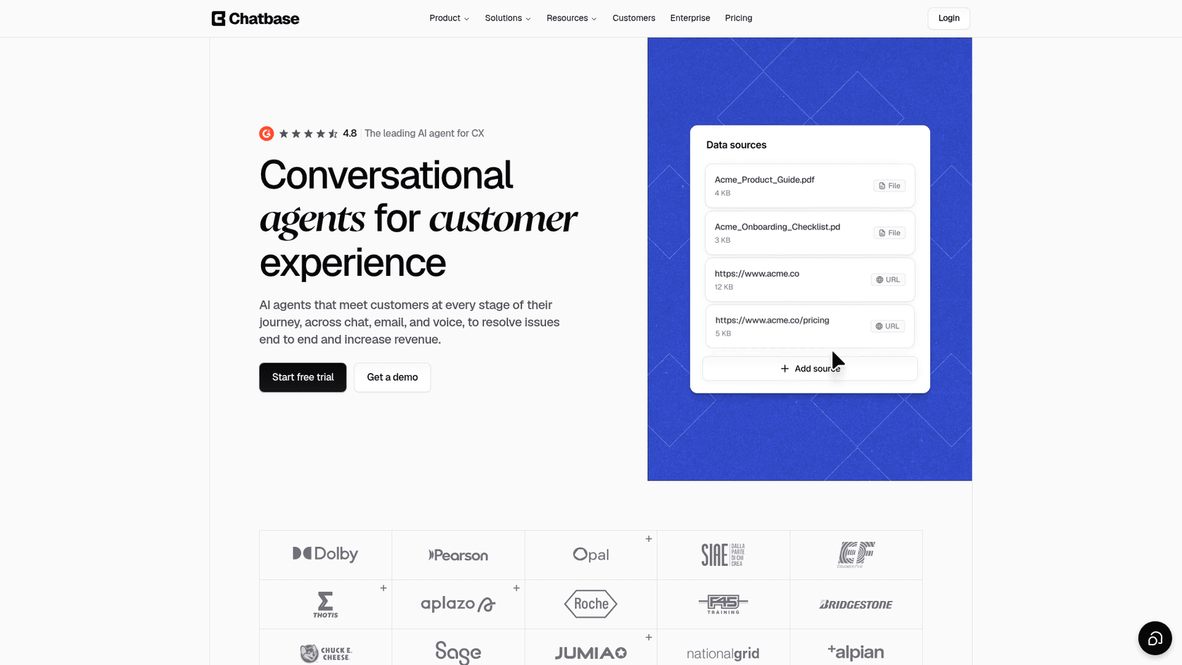 La page d'accueil de Chatbase avec le titre Conversational agents for customer experience et un panneau Data sources listant un PDF de guide produit, une liste de contrôle d'intégration et deux URL de site web avec un bouton Add source, capture de Chatbase