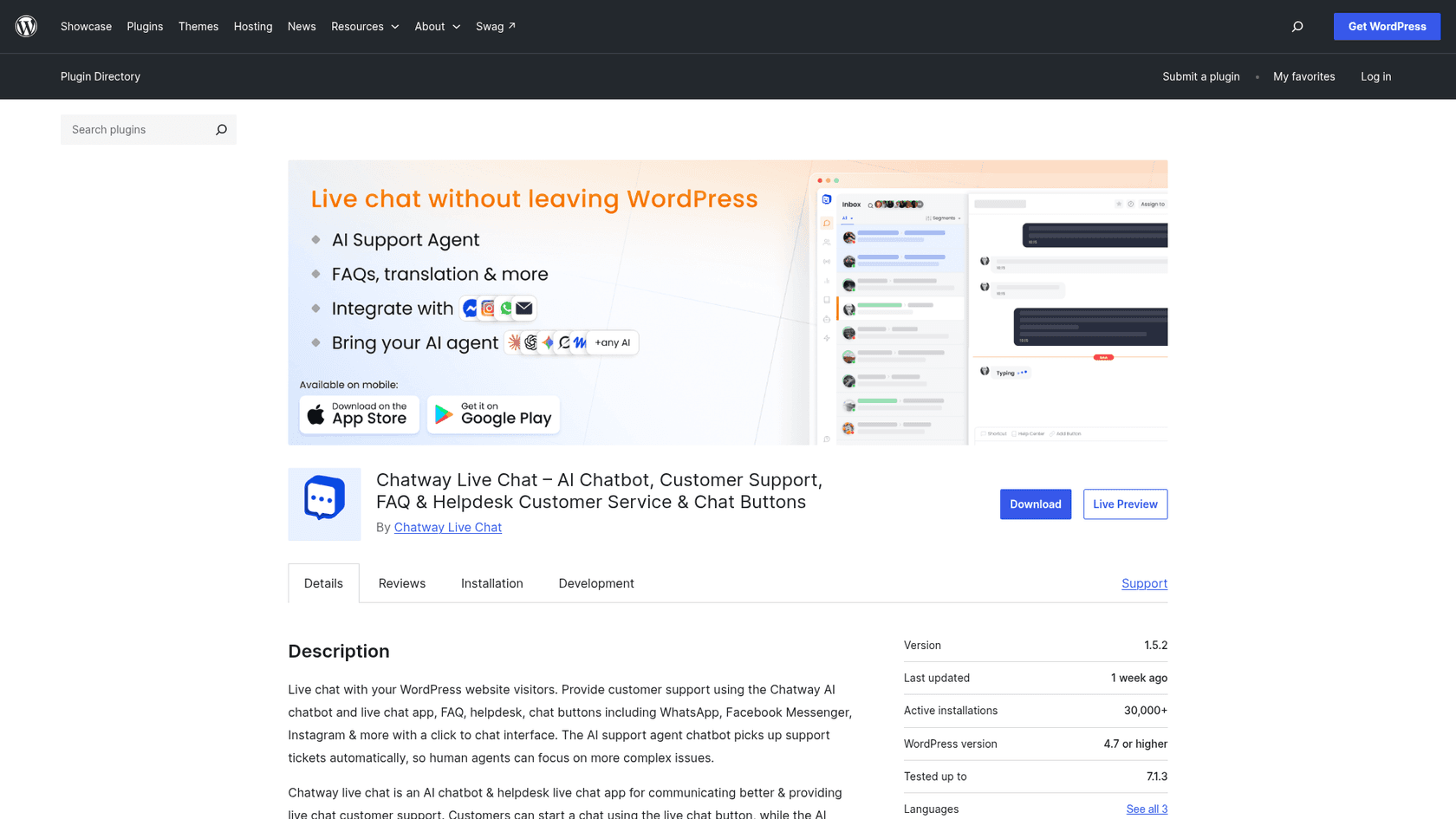 La fiche Chatway Live Chat sur WordPress.org avec la bannière Live chat without leaving WordPress, listant AI Support Agent, FAQs and translation, channel integrations et Bring your AI agent, avec la version 1.5.2 et plus de 30 000 installations actives, capture de WordPress.org
