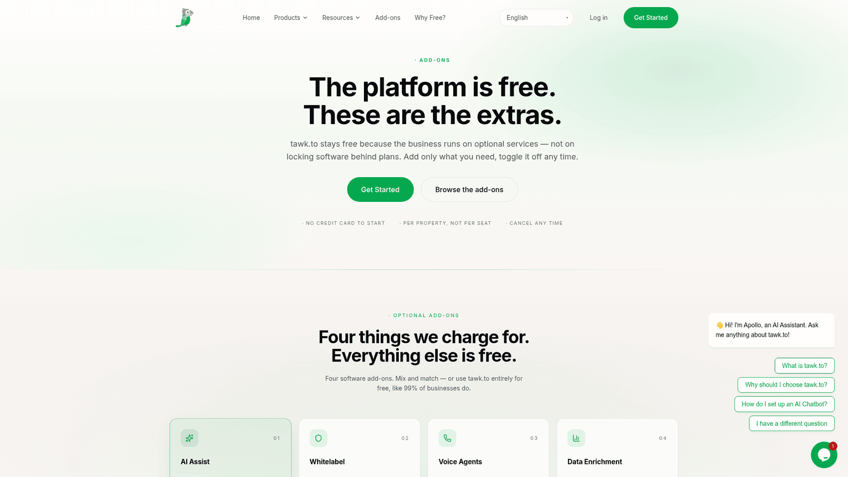 La page des modules tawk.to avec le titre The platform is free, these are the extras et quatre modules optionnels en dessous : AI Assist, Whitelabel, Voice Agents et Data Enrichment, capture de tawk.to