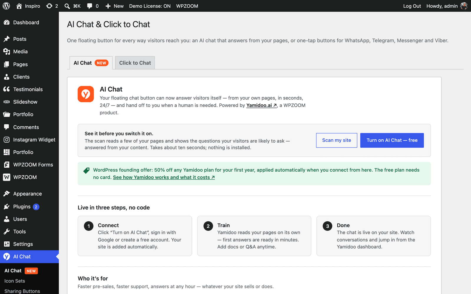 The AI Chat and Click to Chat settings screen in WordPress, with a Scan my site button, a Turn on AI Chat free button, a WordPress founding offer of 50% off any Yamidoo plan for the first year, and three setup steps, as taken from WordPress.org