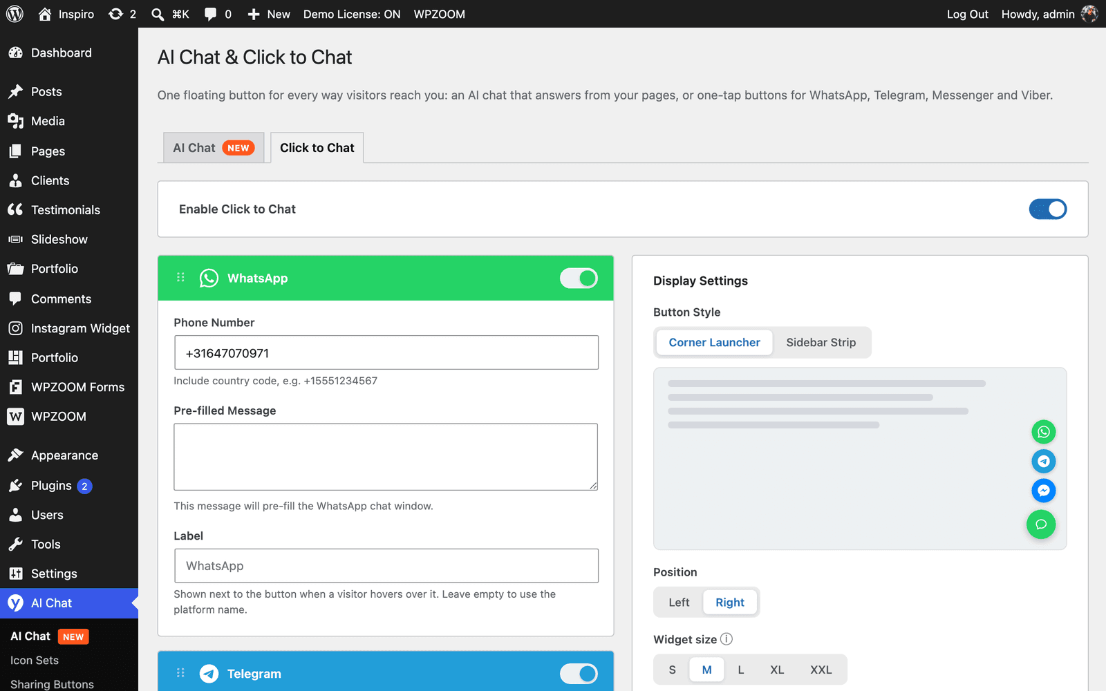 The Click to Chat settings tab in WordPress with WhatsApp enabled, a phone number field, a pre-filled message box, and display settings for corner launcher or sidebar strip, position and widget size, as taken from WordPress.org