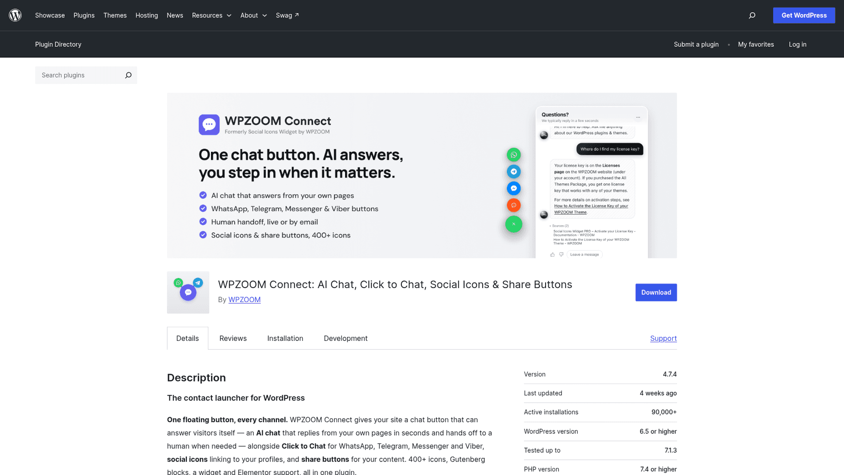 The WPZOOM Connect listing on WordPress.org, headlined One chat button, AI answers, you step in when it matters, showing version 4.7.4, 90,000+ active installations and a chat window answering a license key question, as taken from WordPress.org