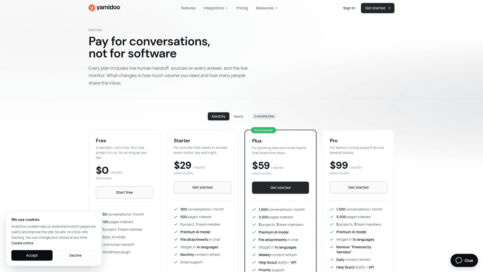 The Yamidoo pricing page with monthly billing selected, showing Free at $0, Starter at $29, Plus at $59 marked most popular, and Pro at $99 a month, with conversations, pages indexed and team members per plan, as taken from Yamidoo