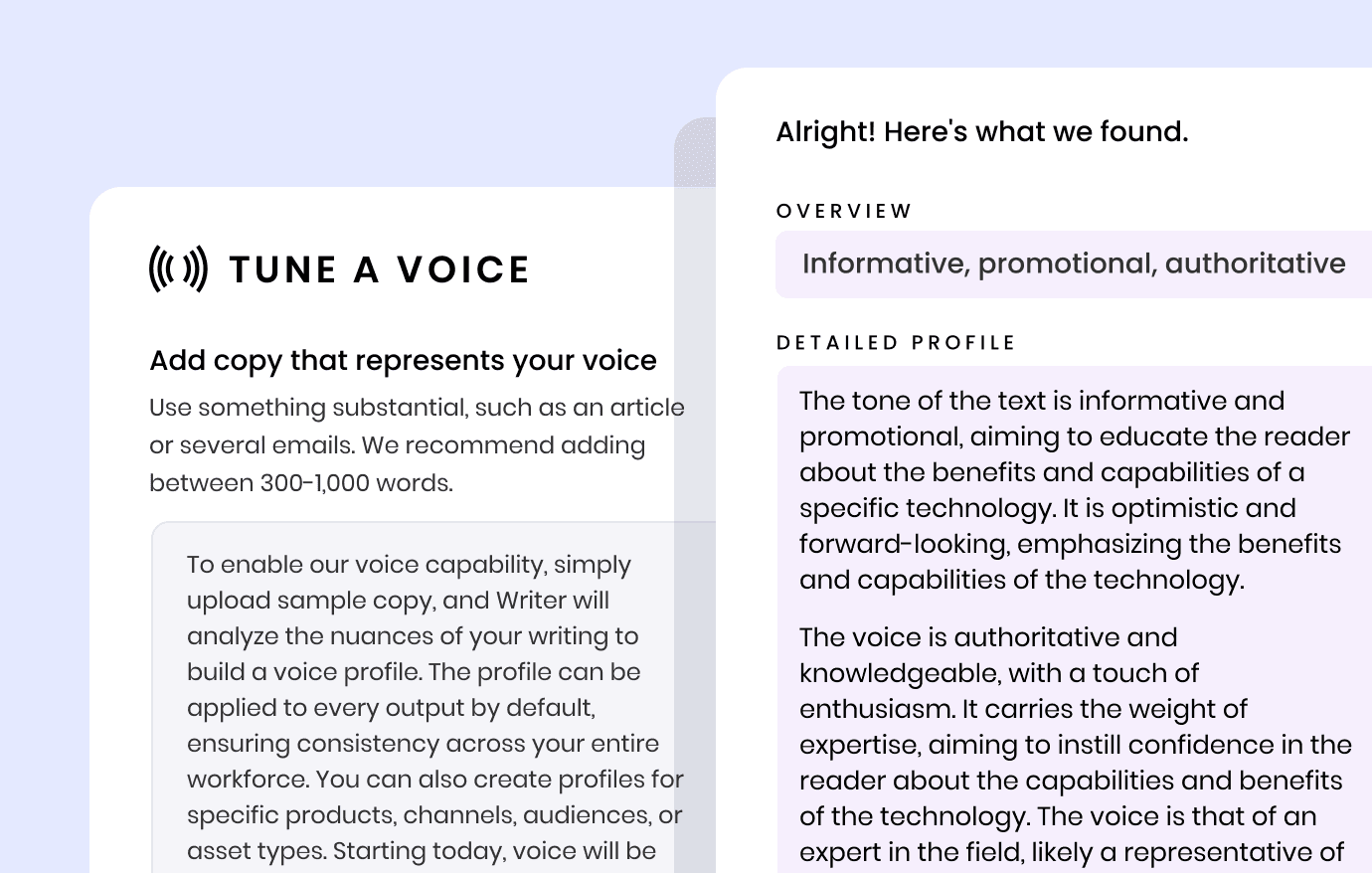 Writer voice profile example showing brand style extraction
