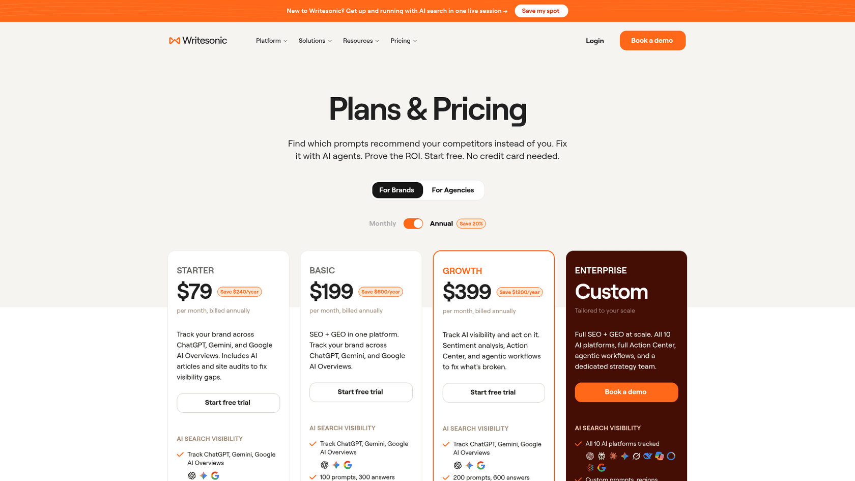 Writesonic pricing page showing the Starter, Basic, Growth and Enterprise plans, as taken from Writesonic's pricing page