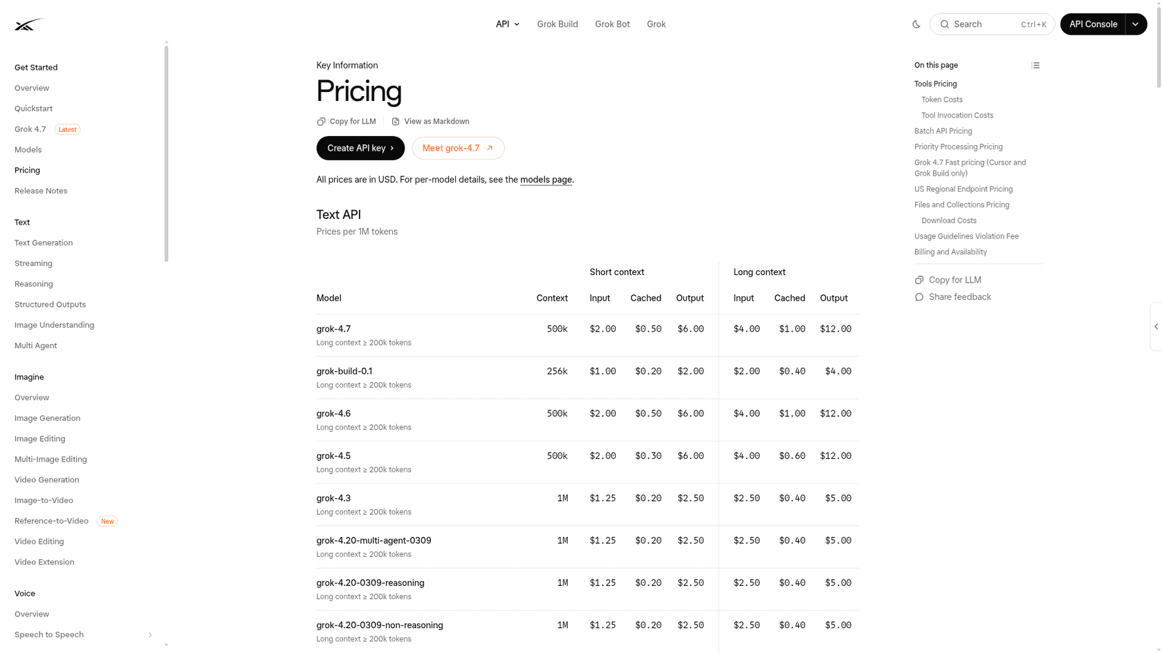 xAI developer docs pricing page listing grok-4.7, grok-4.6, grok-4.5 and older models with input, cached and output rates, as taken from xAI docs