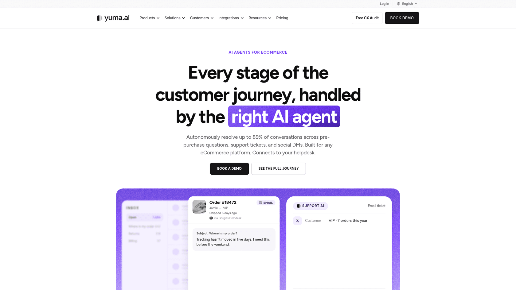 Yuma AI homepage showing an inbox with a where-is-my-order email next to a Support AI panel, as taken from Yuma AI