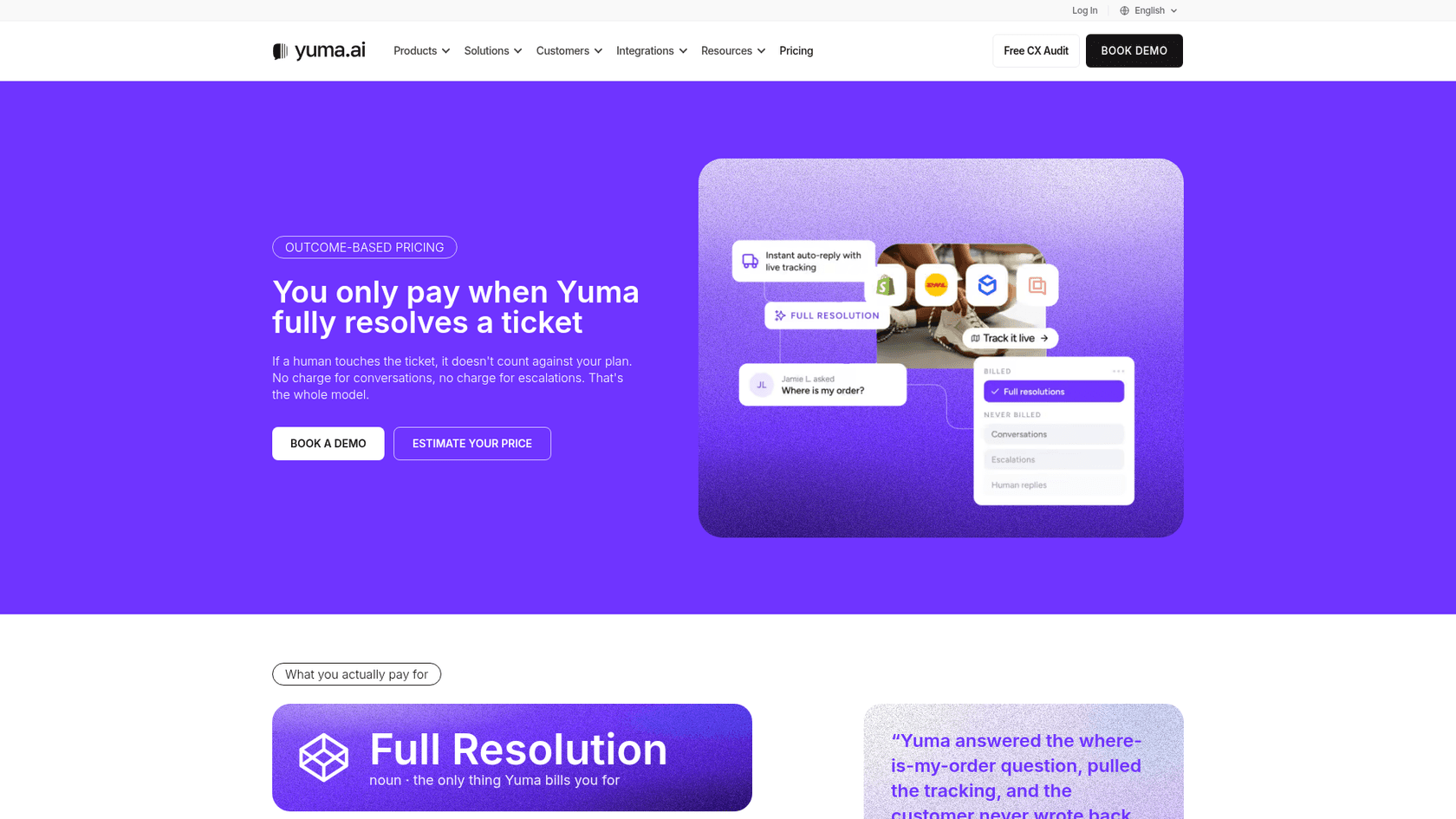 Yuma AI pricing page explaining that it only bills for full resolutions, not conversations or escalations, as taken from Yuma AI