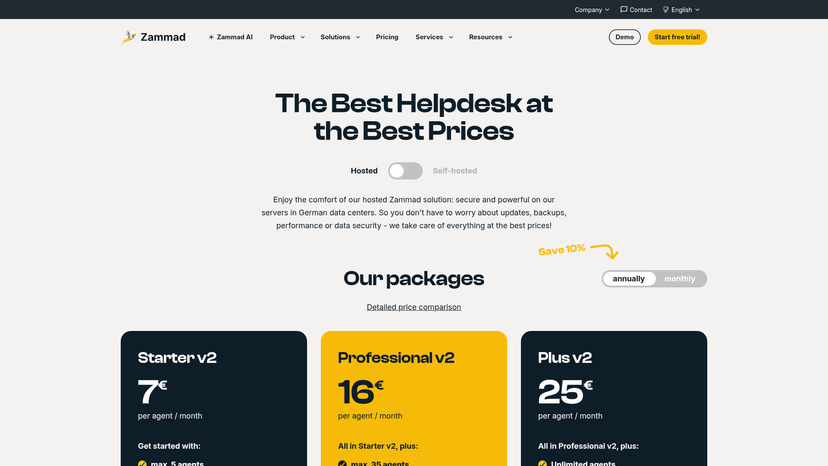 Zammad's pricing page showing hosted plans from €7 per agent per month, as taken from Zammad