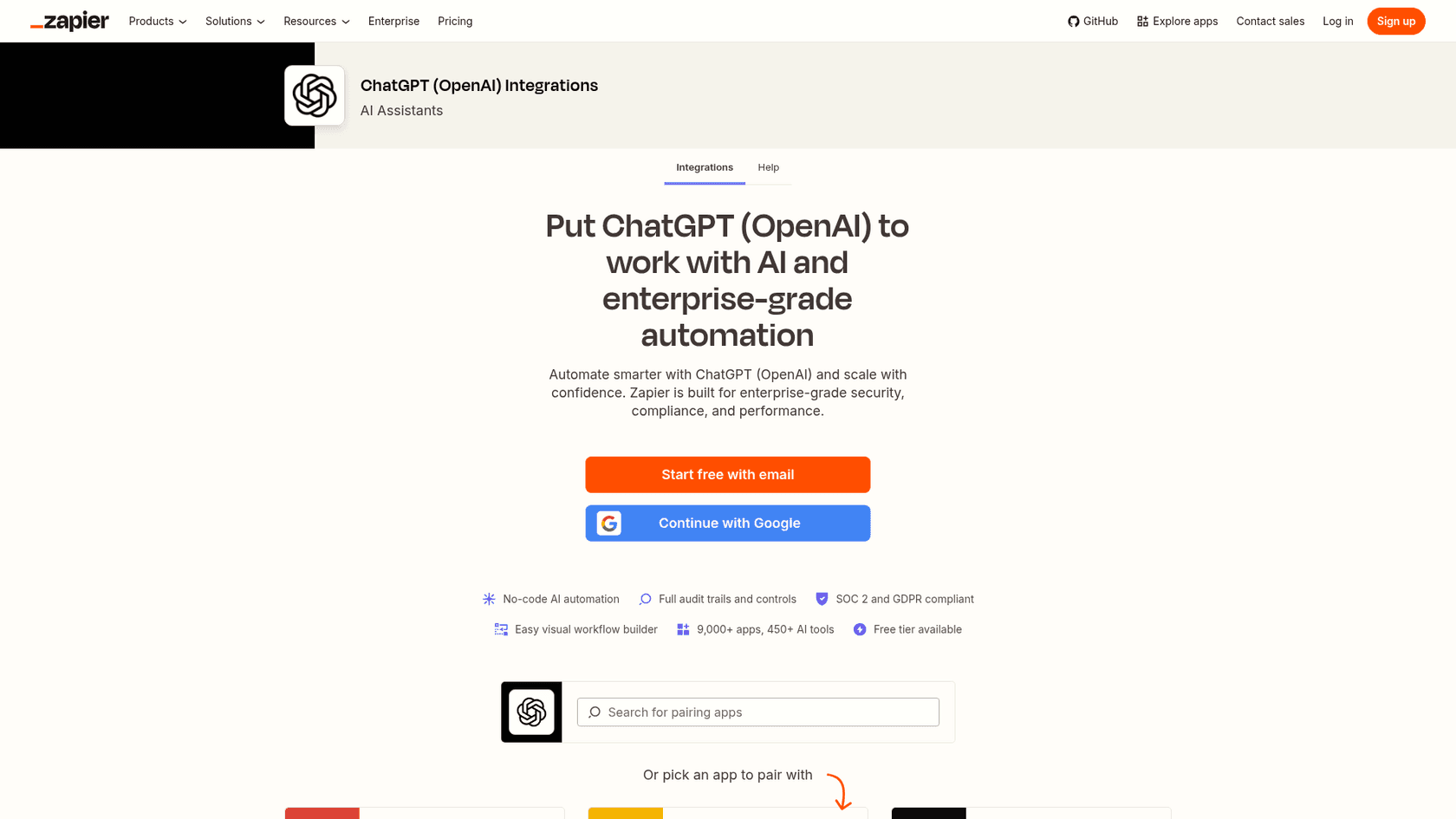 Zapier's ChatGPT (OpenAI) integrations page listing 9,000+ apps and 450+ AI tools, as taken from Zapier