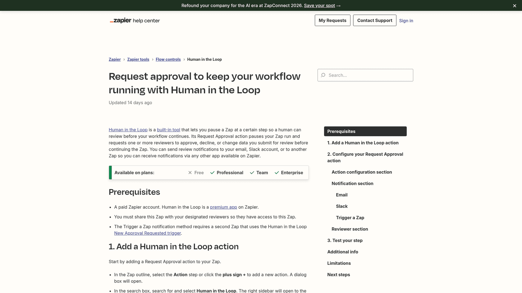 Zapier help article for the Human in the Loop Request Approval action, showing it is not available on the Free plan, as taken from Zapier's help center