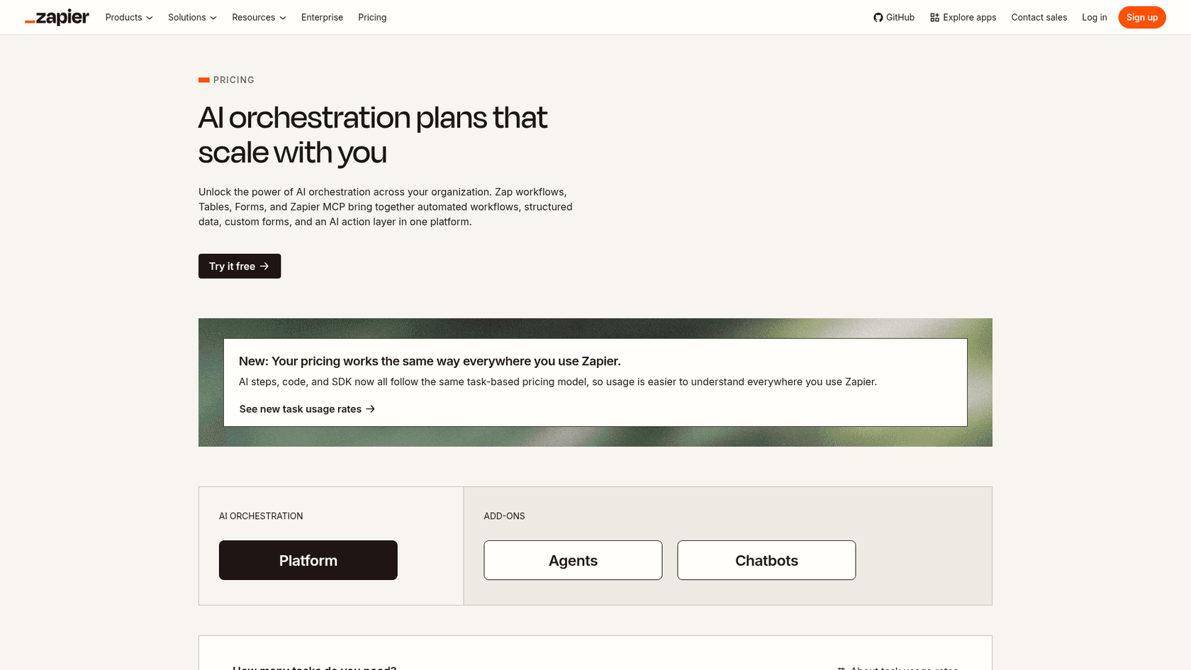 Zapier pricing page showing Free, Professional, Team and Enterprise plans, as taken from Zapier