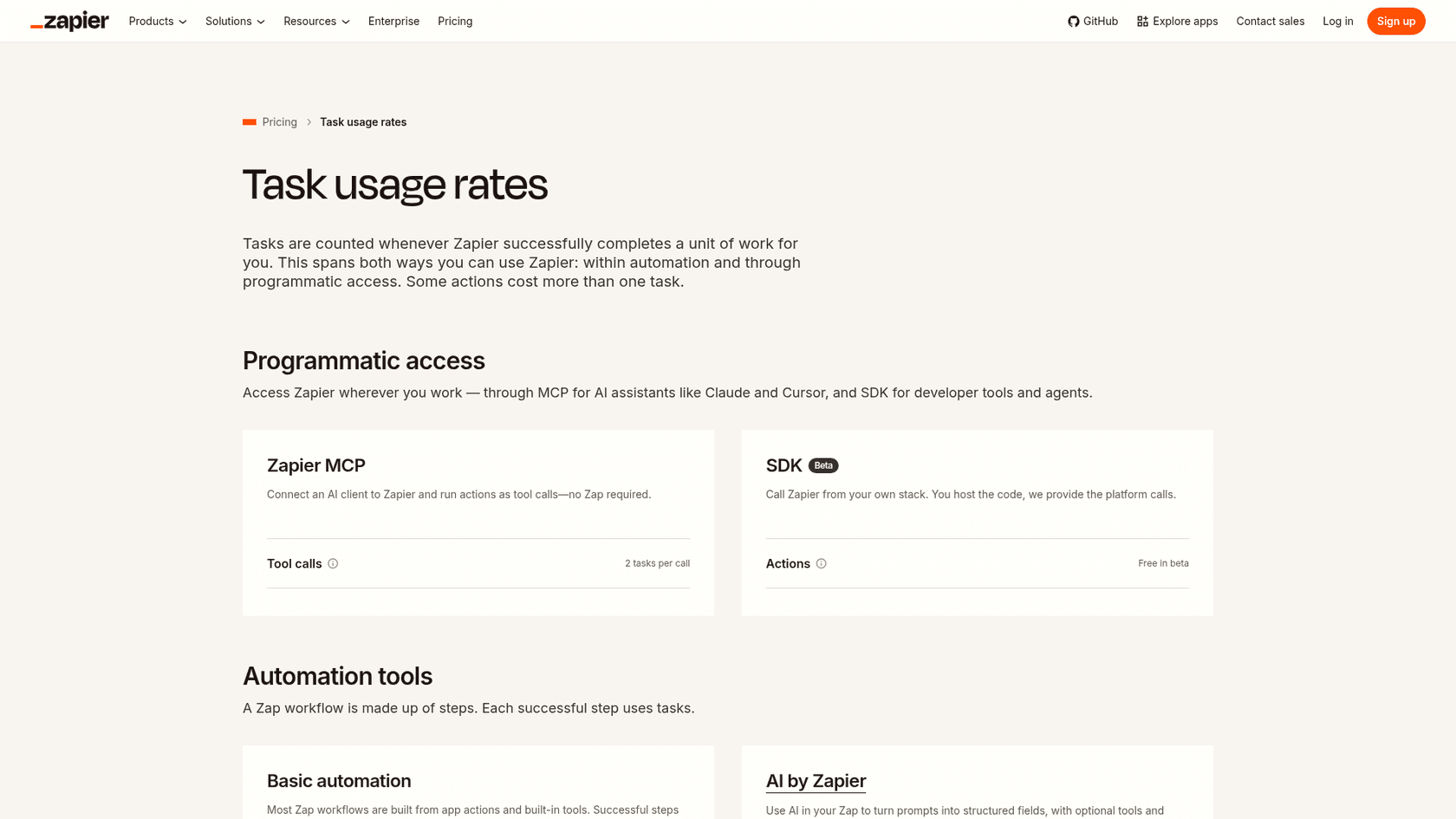Zapier's task usage rates page listing 1, 3 and 5 tasks per AI step by model tier, as taken from Zapier
