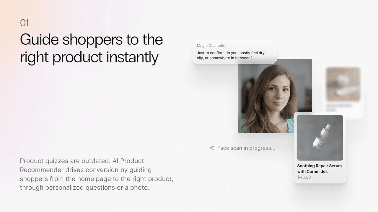 Dialog's Shopify App Store listing showing its AI Personal Shopper guiding a shopper to the right product, with a face-scan step and a recommended Soothing Repair Serum, as taken from the Dialog Shopify listing