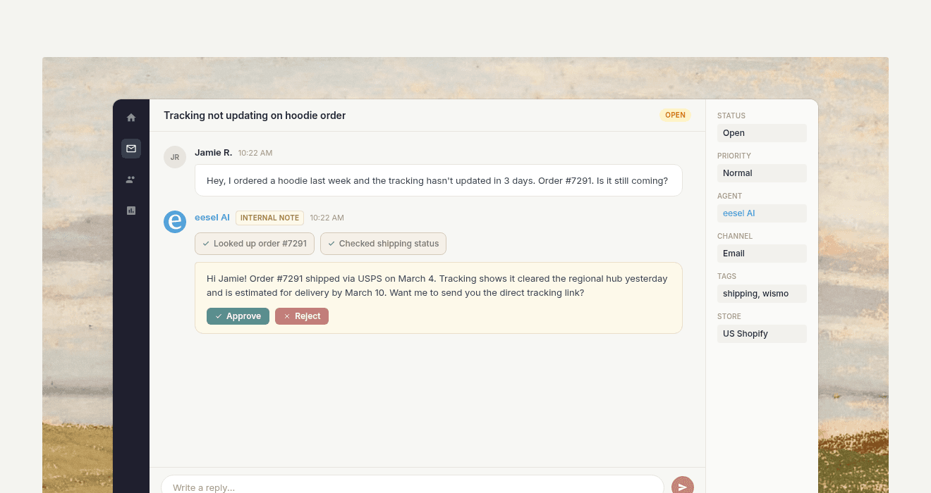 eesel AI working a Gorgias ticket: it looked up order #7291, checked the shipping status and drafted a reply as an internal note with Approve and Reject buttons, as taken from eesel