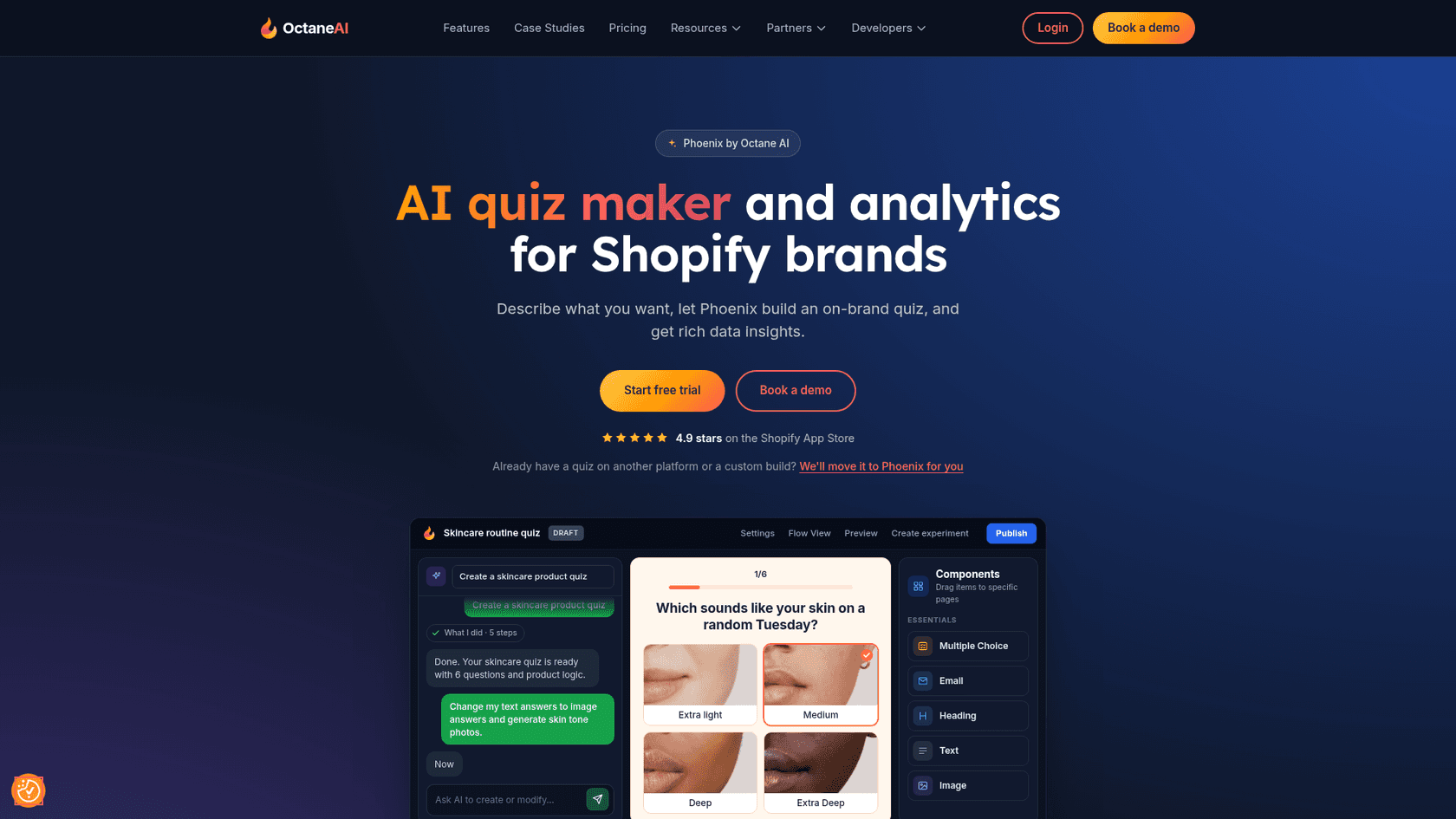 Octane AI homepage showing the Phoenix quiz builder creating a skincare routine quiz with skin tone image answers: Extra light, Medium, Deep and Extra Deep, as taken from Octane AI