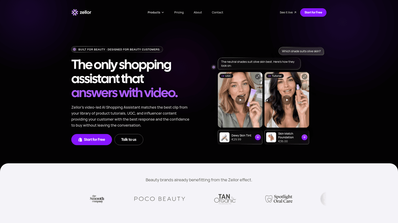 Zellor AI Shopping Assistant page showing a chat answer to "Which shade suits olive skin?" with a UGC clip and a tutorial clip, each tagged with a product and price, as taken from Zellor