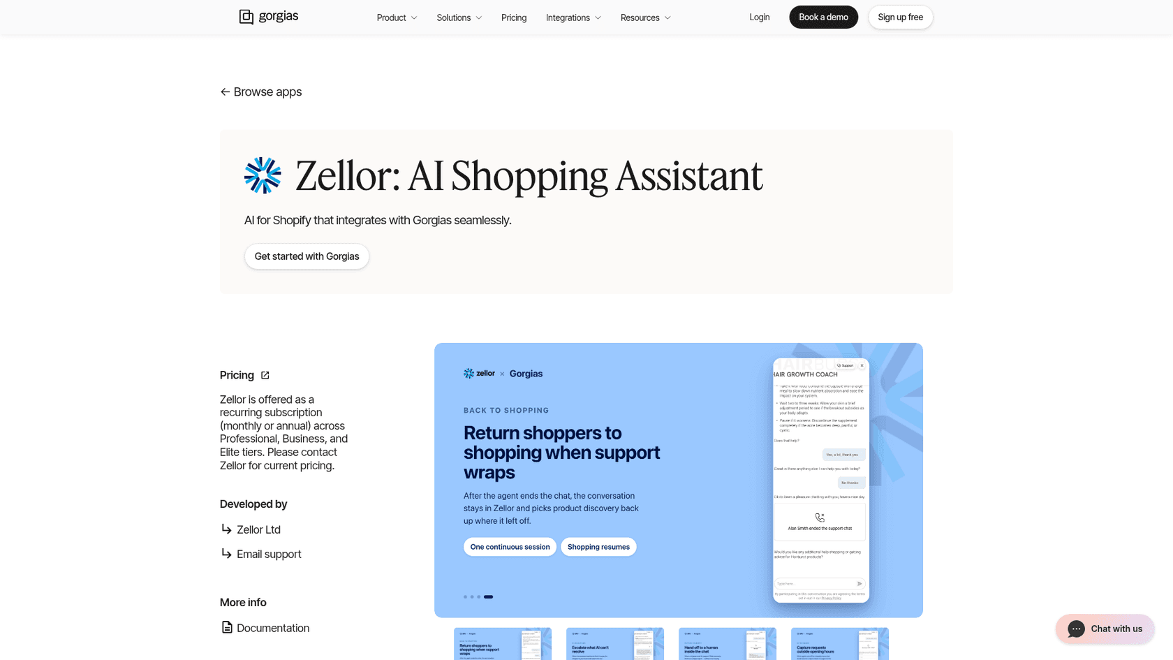 Zellor's Gorgias App Store listing, titled "Zellor: AI Shopping Assistant", with a pricing note about Professional, Business and Elite tiers and a slide about returning shoppers to shopping after a support chat, as taken from Gorgias
