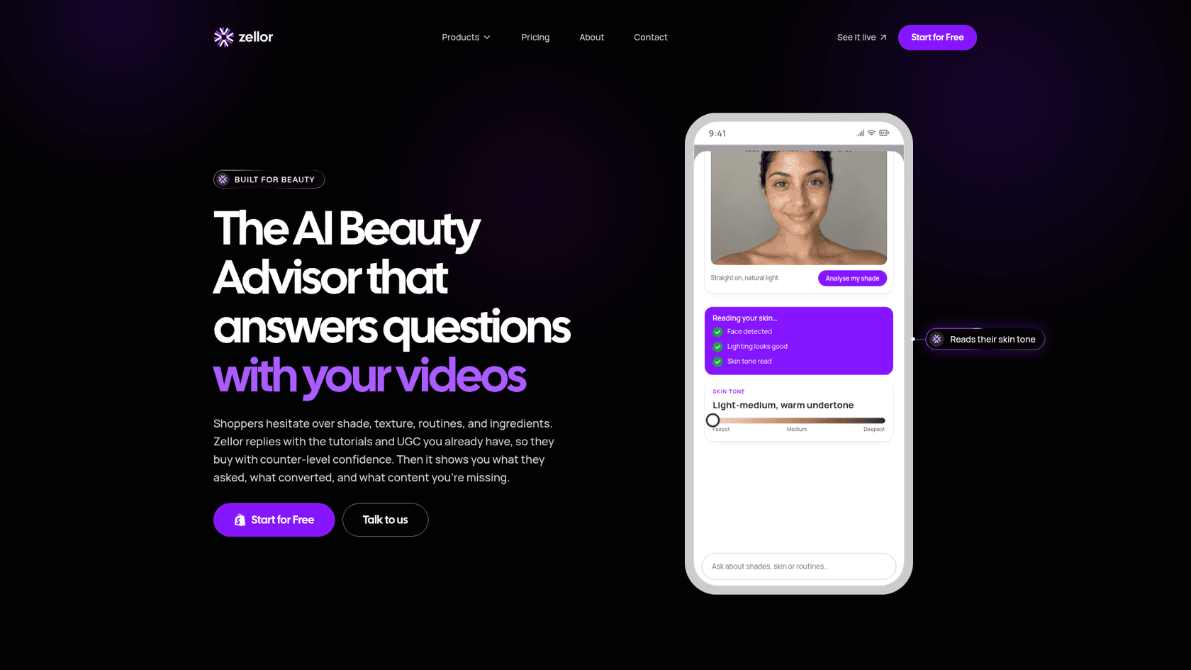 Zellor homepage with the headline "The AI Beauty Advisor that answers questions with your videos" and a phone demo reading a shopper's selfie to suggest a light-medium, warm undertone, as taken from Zellor