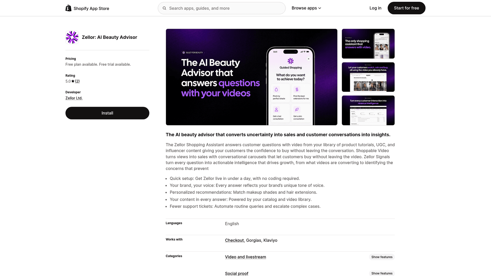 Zellor's Shopify App Store listing, "Zellor: AI Beauty Advisor", showing a 5.0 rating from 2 reviews, free plan and free trial available, and the developer Zellor Ltd., as taken from the Shopify App Store