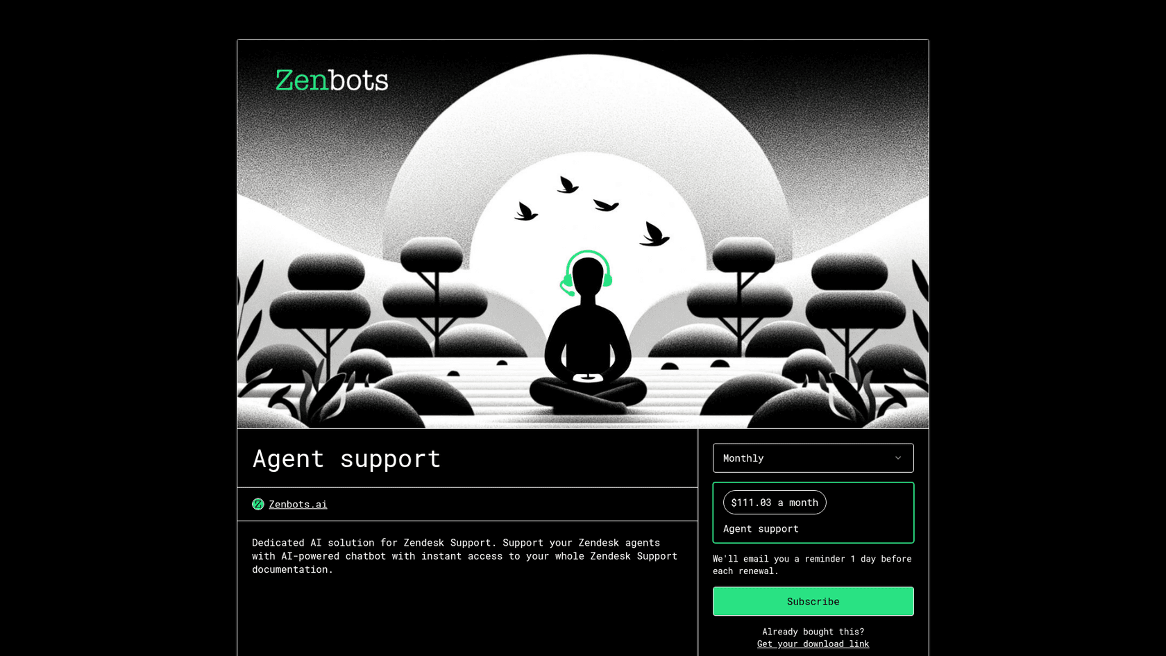 The Zenbots Agent support checkout on Gumroad, showing a Monthly selector, a $111.03 a month price shown to a US visitor, the product description and a Subscribe button, as taken from Zenbots on Gumroad