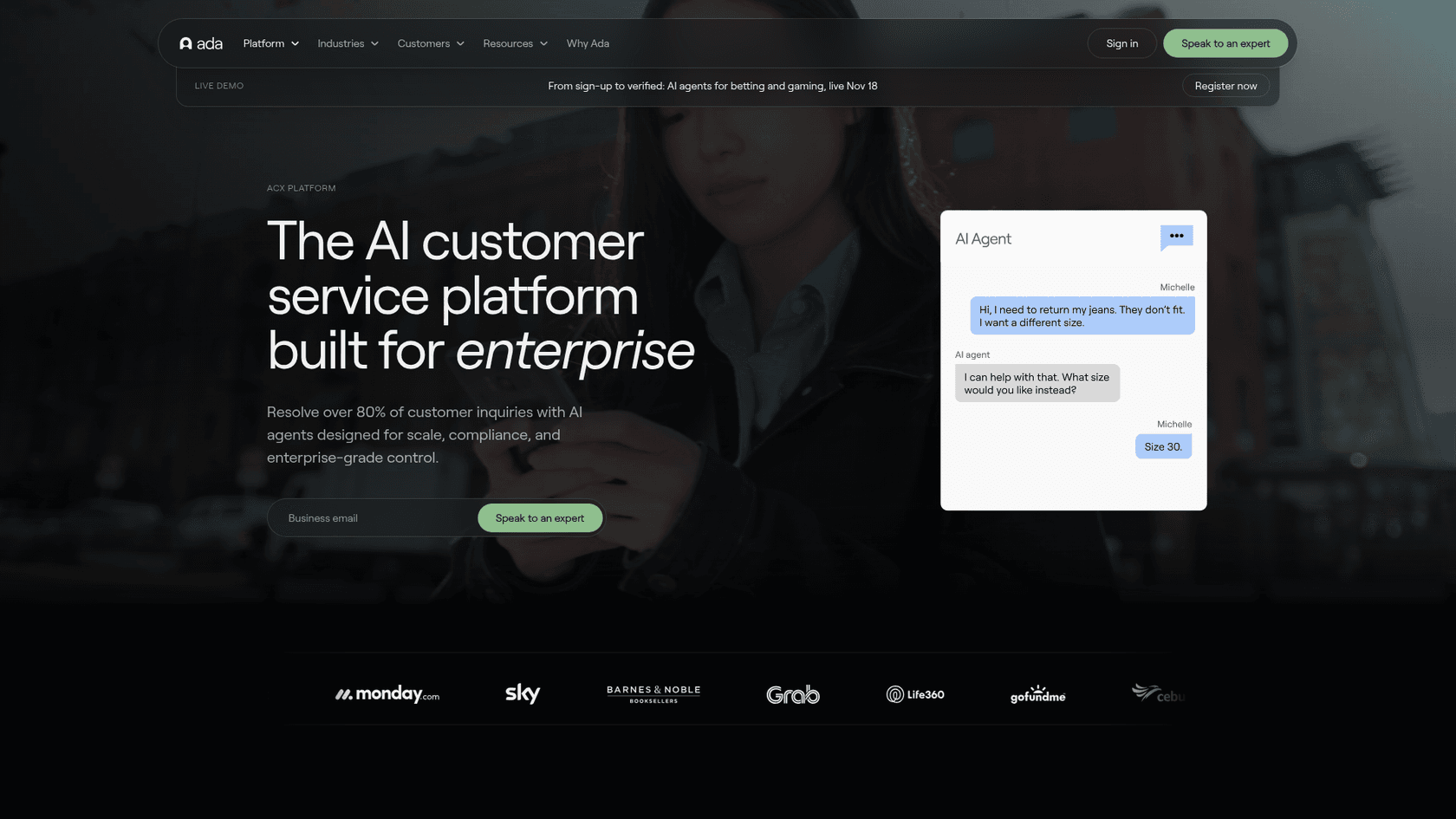 The Ada AI customer service platform page, with the headline The AI customer service platform built for enterprise and a sample AI agent chat about a jeans return, as taken from Ada
