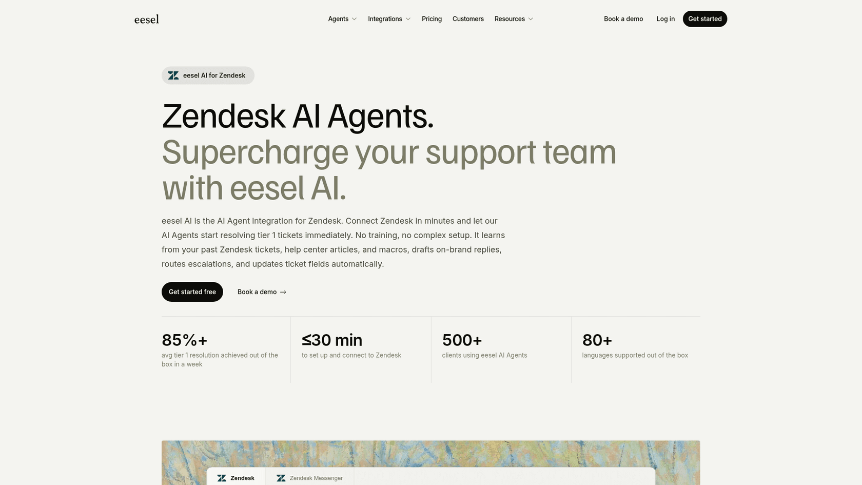The eesel AI for Zendesk page, showing the headline, the line that the agent learns from past tickets, help center articles and macros, and setup in 30 minutes or less, as taken from eesel