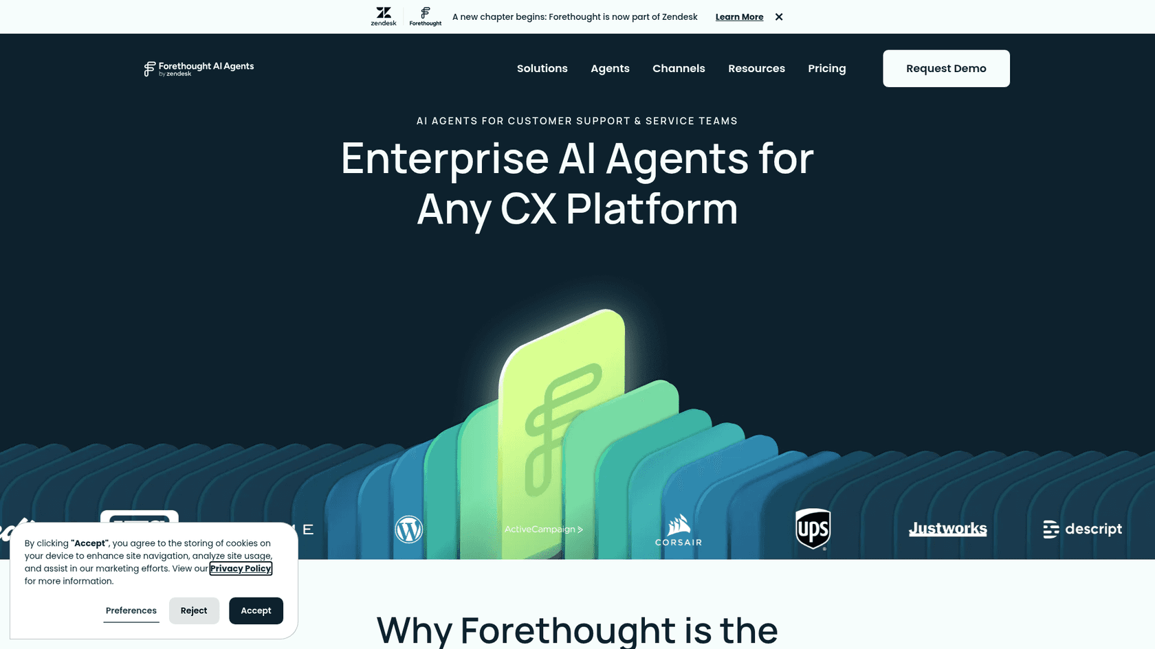 The Forethought AI agents by Zendesk homepage, with the banner that Forethought is now part of Zendesk and the headline Enterprise AI Agents for Any CX Platform, as taken from Forethought