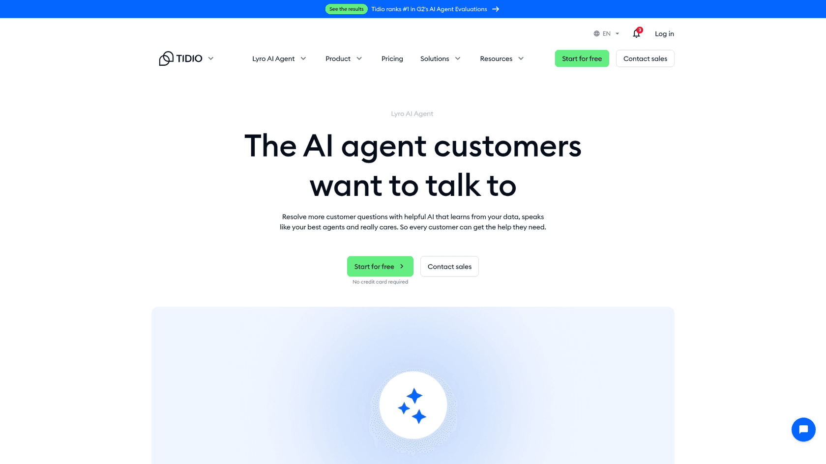 The Tidio Lyro AI agent page, headline The AI agent customers want to talk to with start for free and contact sales buttons, as taken from Tidio