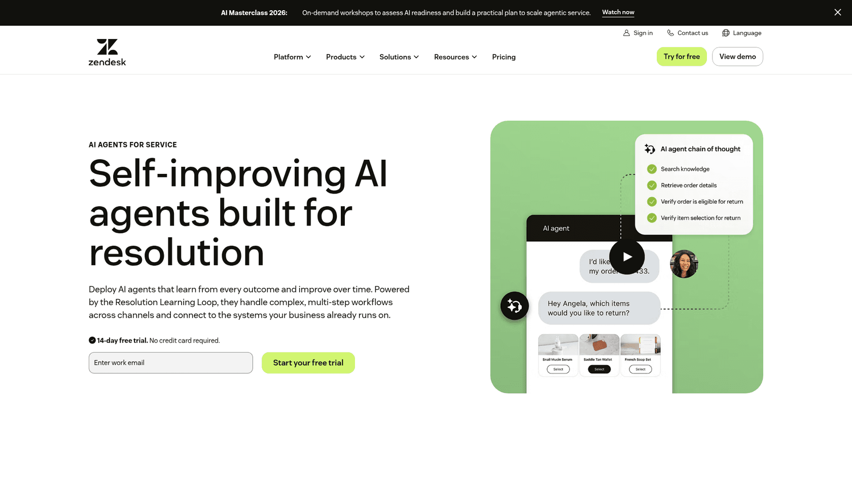 The Zendesk AI agents page, showing the self-improving AI agents headline and an AI agent chain of thought listing search knowledge, retrieve order details and verify return eligibility, as taken from Zendesk