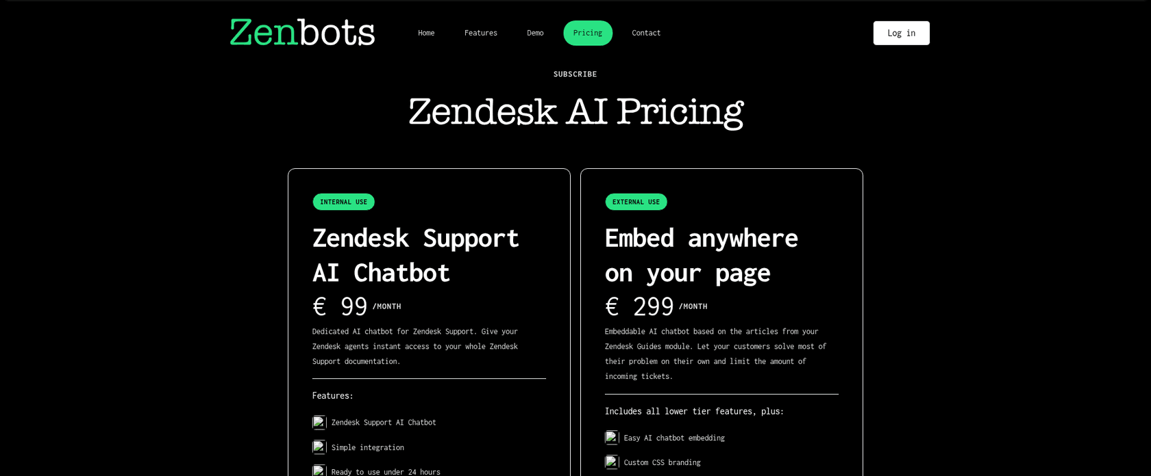 The archived Zenbots pricing page from August 13, 2024, showing the Internal use Zendesk Support AI Chatbot plan at 99 euros a month and the External use Embed anywhere on your page plan at 299 euros a month, as captured by the Wayback Machine from zenbots.ai