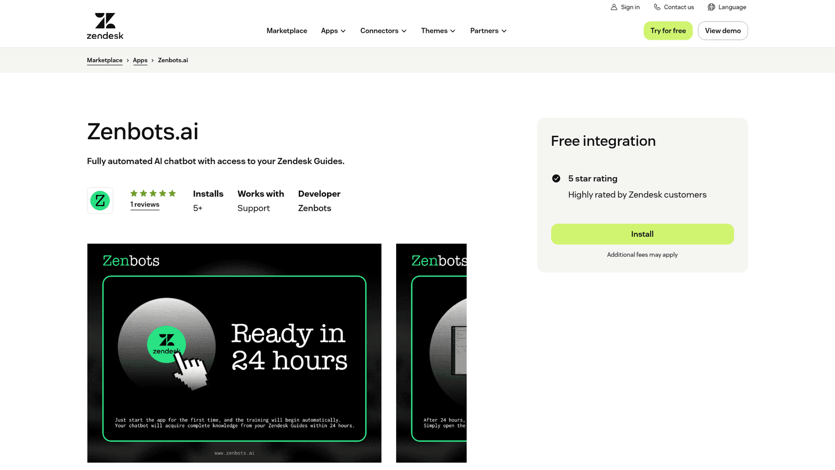 The Zenbots.ai listing on the Zendesk Marketplace, showing a 5-star rating from 1 review, 5+ installs, developer Zenbots, and a Free integration panel with an Install button and the note Additional fees may apply, as taken from the Zendesk Marketplace