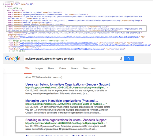 Zendesk Help Center article meta description in Google search results, as taken from Zendesk's SEO documentation