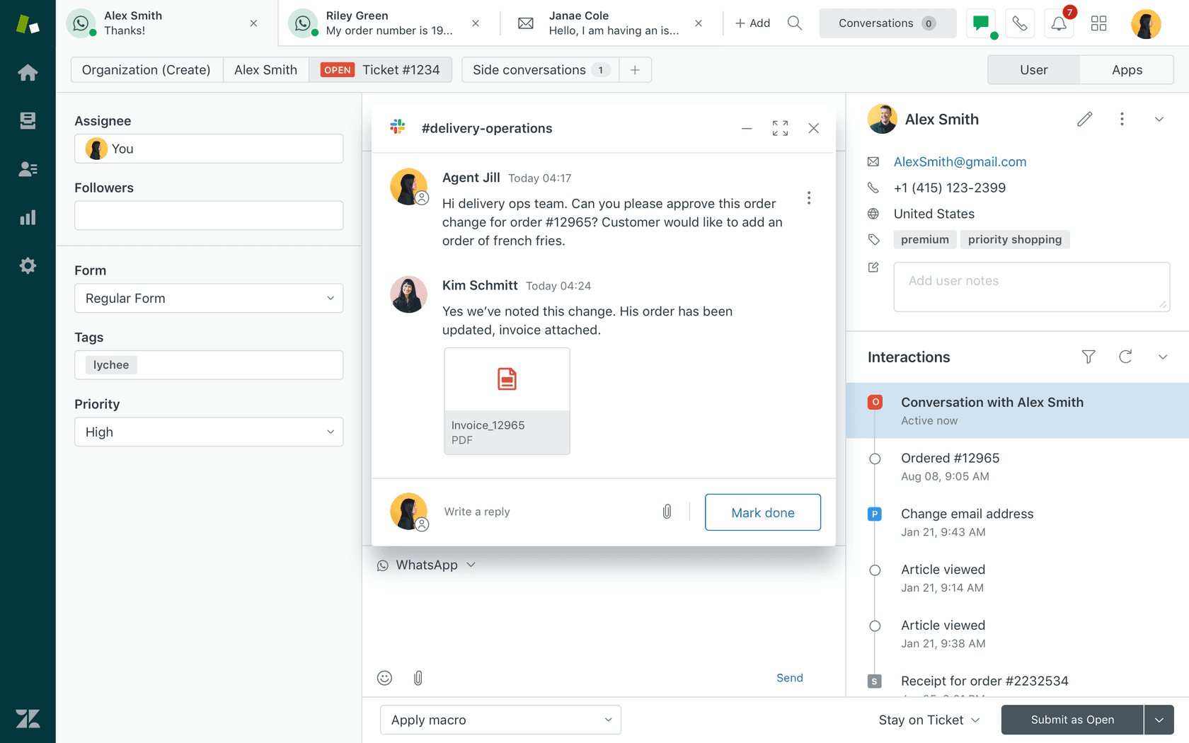 Zendesk Side Conversation-Antwort in einem Slack-Thread, verknüpft mit dem ursprünglichen Ticket