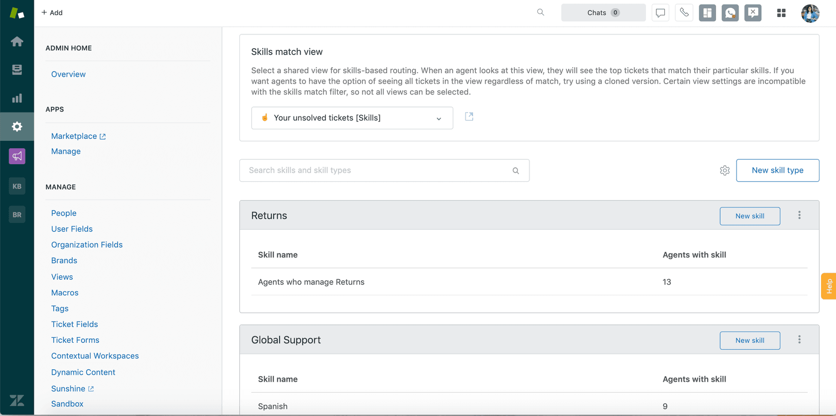 Configuração de roteamento baseado em habilidades do Zendesk