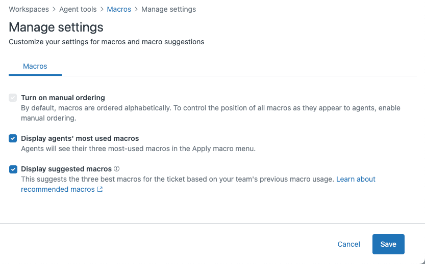 Zendesk Manage settings page with the Display suggested macros option turned on, as taken from Zendesk documentation