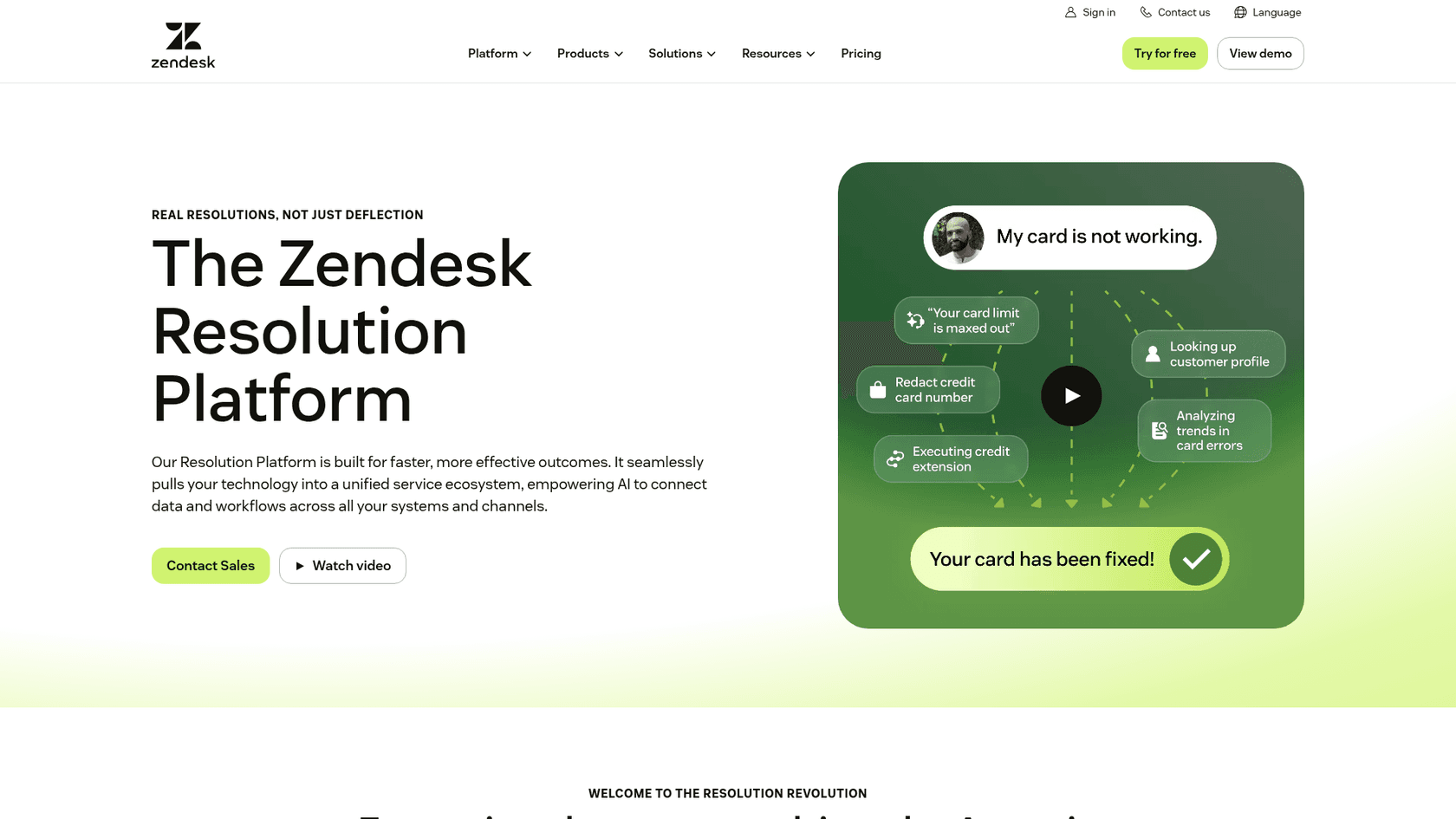 The Zendesk Resolution Platform landing page with its headline about real resolutions, not just deflection, as taken from Zendesk