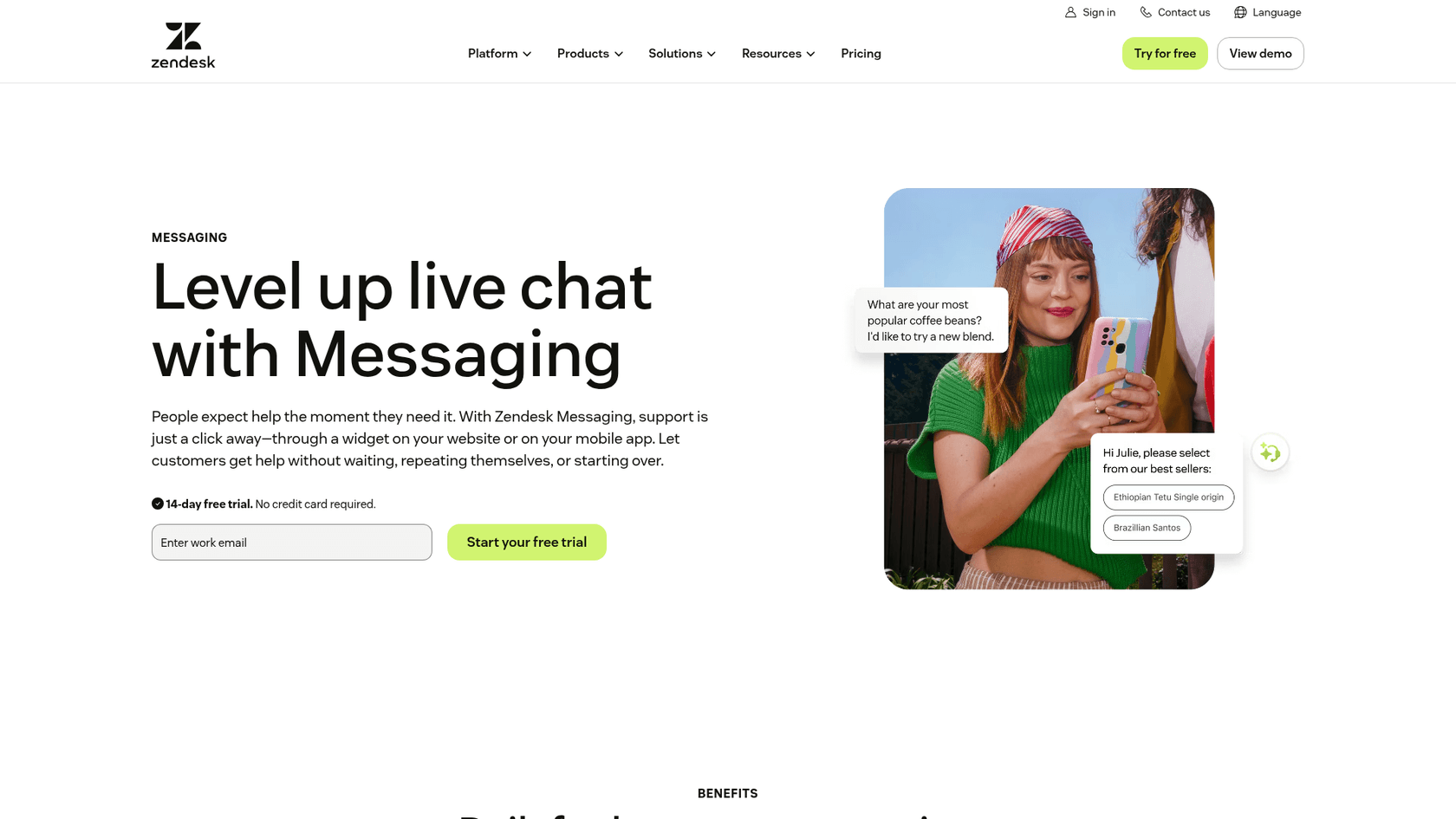 Zendesk's Messaging page with the headline Level up live chat with Messaging, as taken from Zendesk