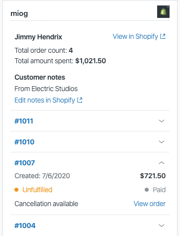 Shopify order sidebar inside a Zendesk ticket, as taken from Zendesk help