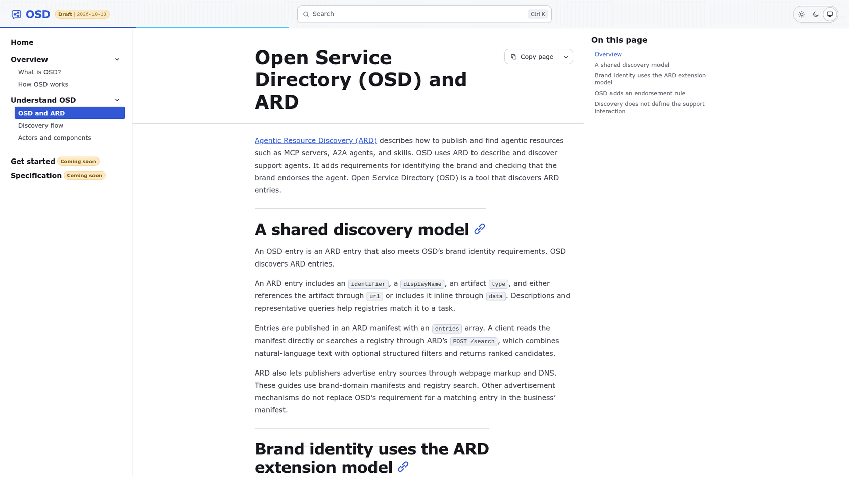 The OSD developer docs page explaining how OSD builds on ARD, with a draft badge dated 2026-10-13, as taken from Open Service Directory docs
