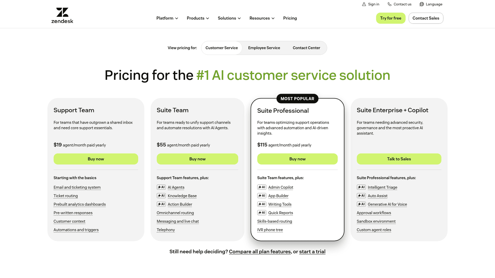 Zendesk's plan cards for Support Team, Suite Team, and Suite Professional, as taken from Zendesk's pricing page