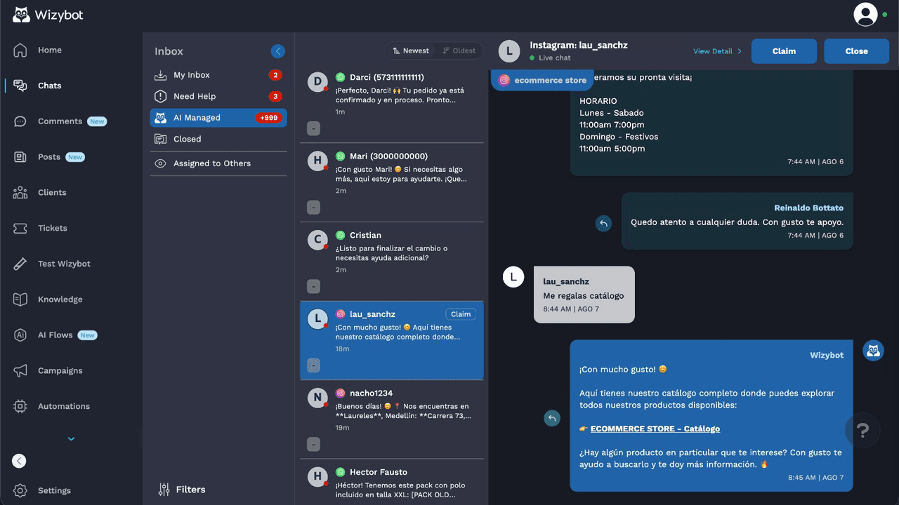 The Wizybot inbox with folders for My Inbox, Need Help and AI Managed, a list of WhatsApp and Instagram chats, and an Instagram conversation where Wizybot sends a shopper the store's catalog link, as taken from the Wizybot listing