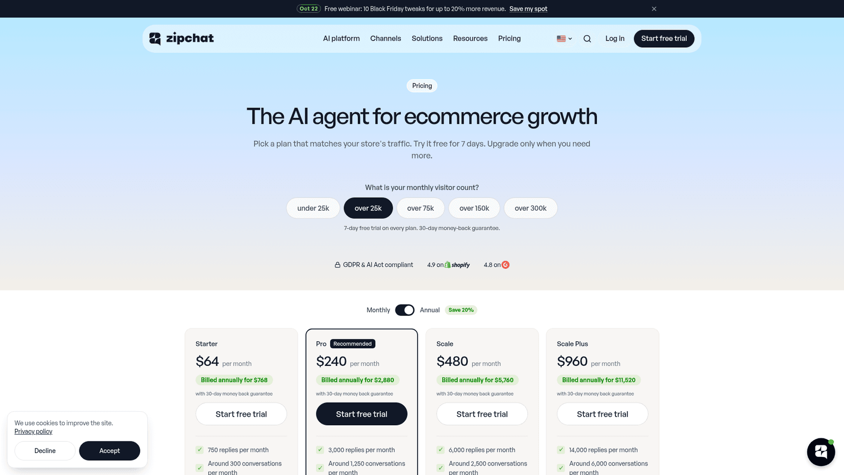 The Zipchat pricing page headlined The AI agent for ecommerce growth, with a monthly visitor count selector and four annual plans: Starter at $64 a month billed $768 a year, Pro at $240 billed $2,880, Scale at $480 billed $5,760, and Scale Plus at $960 billed $11,520, as taken from Zipchat