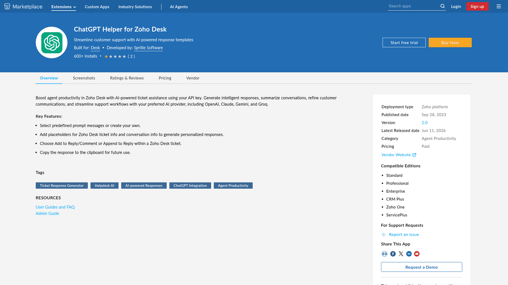 ChatGPT Helper for Zoho Desk listing on the Zoho Marketplace showing OpenAI, Claude, Gemini and Groq support, as taken from Zoho Marketplace