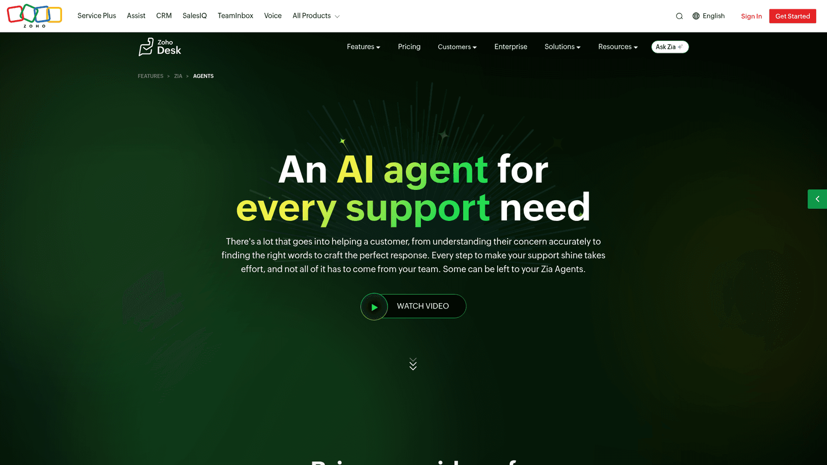 Zoho Desk's Zia Agents page with the headline "An AI agent for every support need", as taken from Zoho Desk
