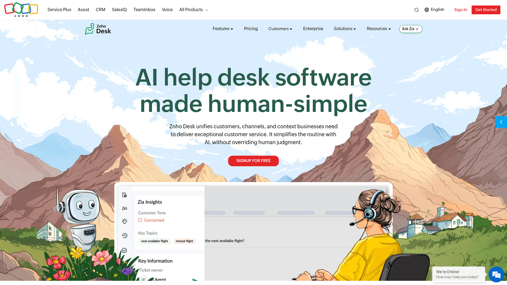 Zoho Desk customer support software homepage