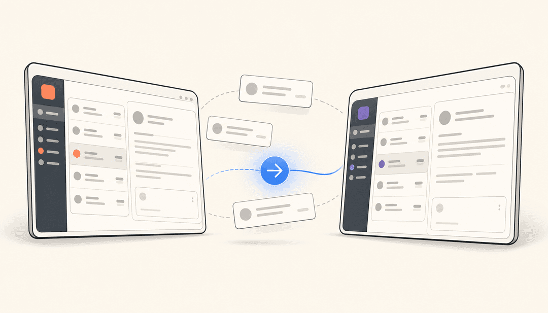 Dois painéis estilizados de caixa de entrada de helpdesk de frente um para o outro com cartões de tickets flutuantes e uma única seta de envio em azul eesel conectando-os